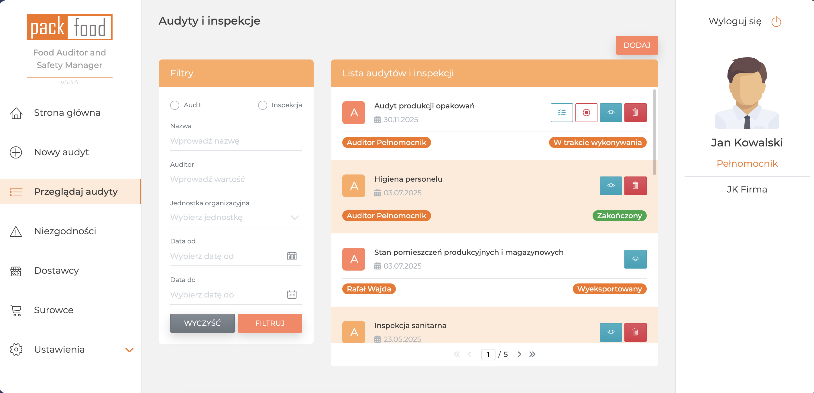 Panel PackFood — lista audytów i inspekcji